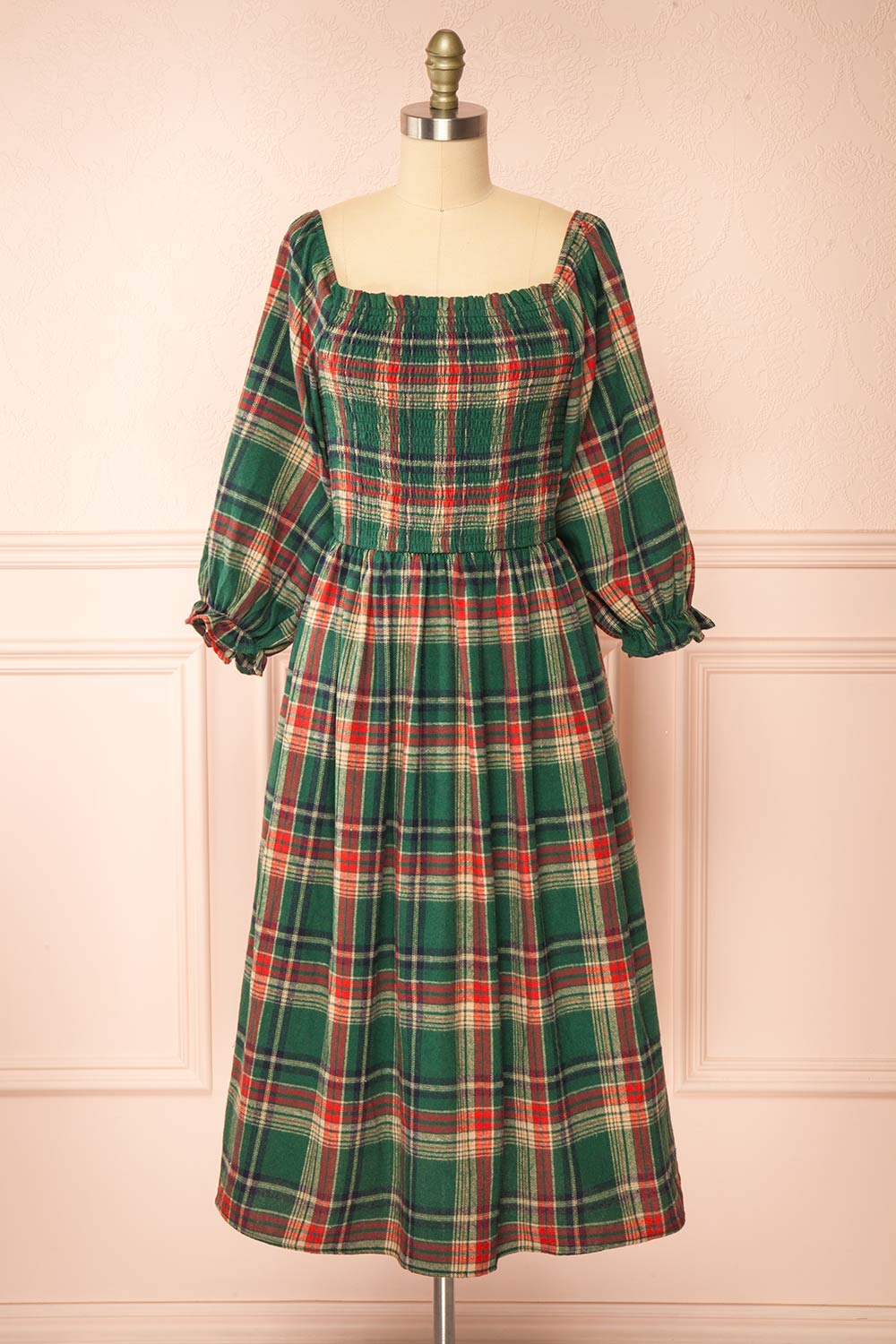 Arellia Green Plaid Flannel Midi Dress | Boutique 1861 front view