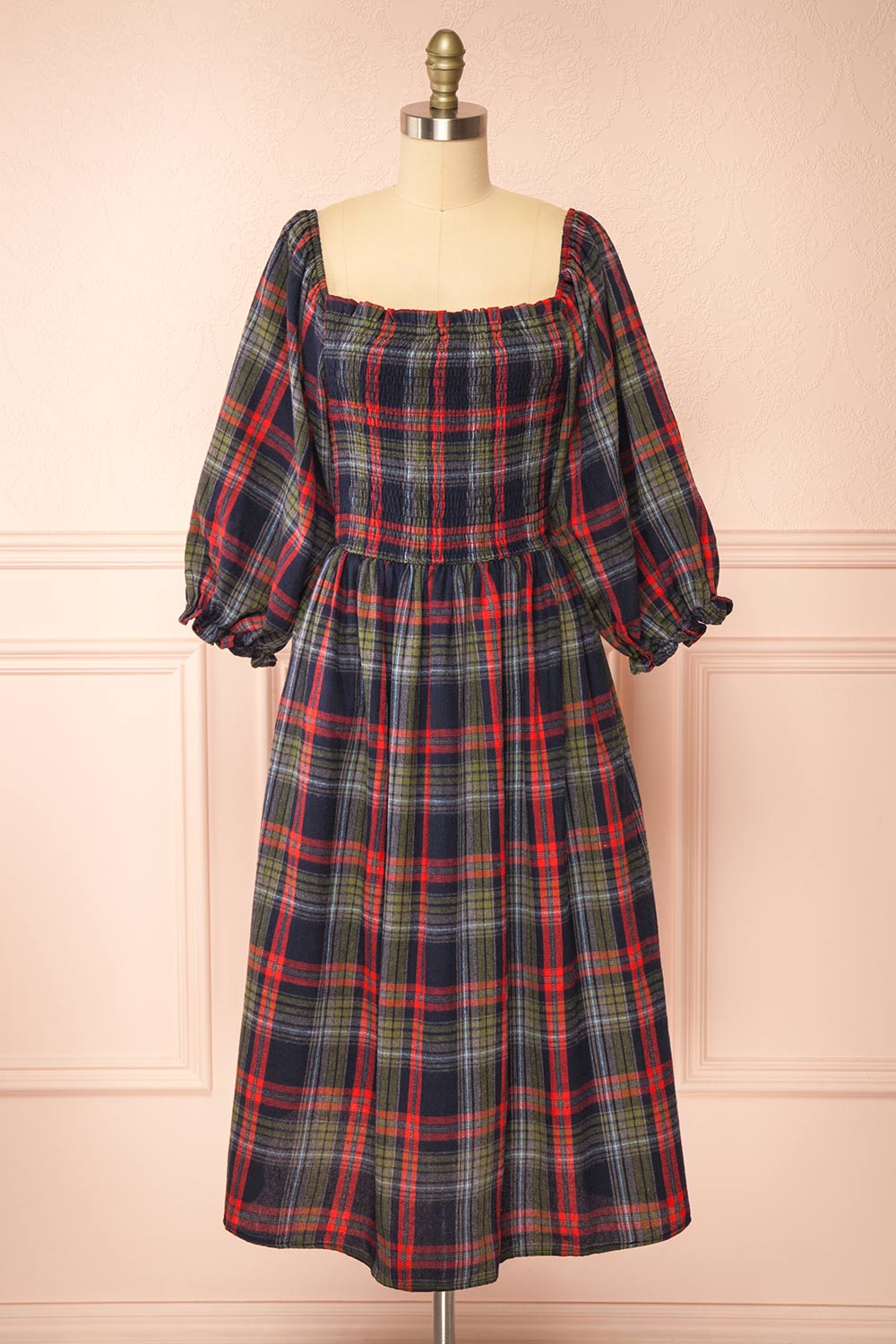 Arellia Navy Plaid Flannel Midi Dress | Boutique 1861 front view