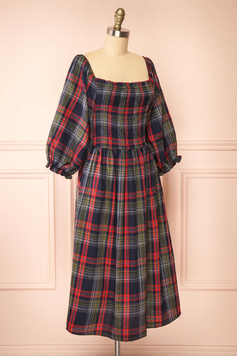 Arellia Navy Plaid Flannel Midi Dress | Boutique 1861  side view