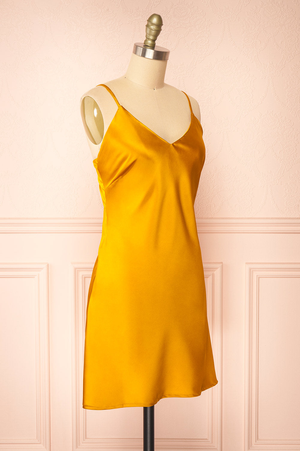 Ariadne Short Golden Satin Dress w/ Open Back | Boutique 1861 side view