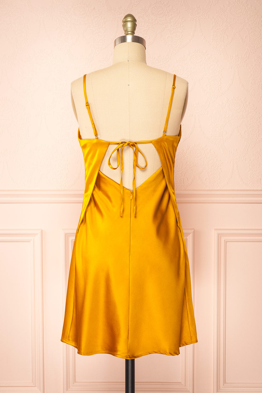 Ariadne Short Golden Satin Dress w/ Open Back | Boutique 1861 back view