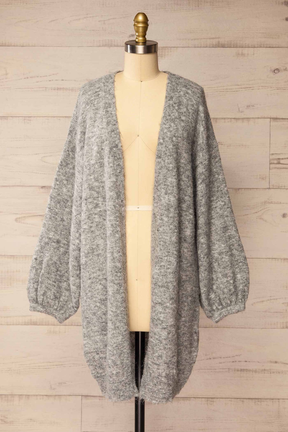 front view of Ariquemes Grey Open-Front Long Knit Cardigan at La petite garçonne