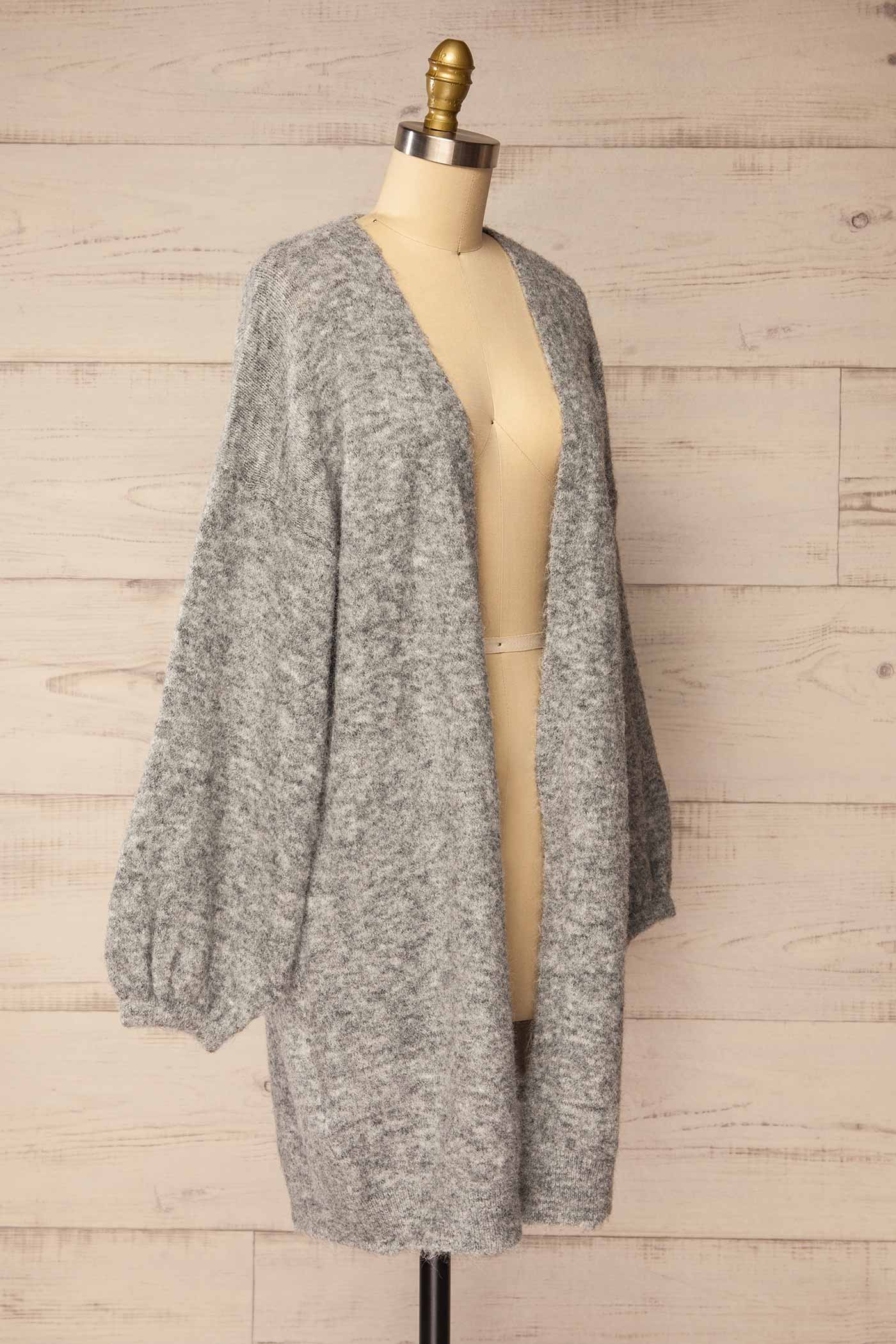 side front view of Ariquemes Grey Open-Front Long Knit Cardigan at La petite garçonne