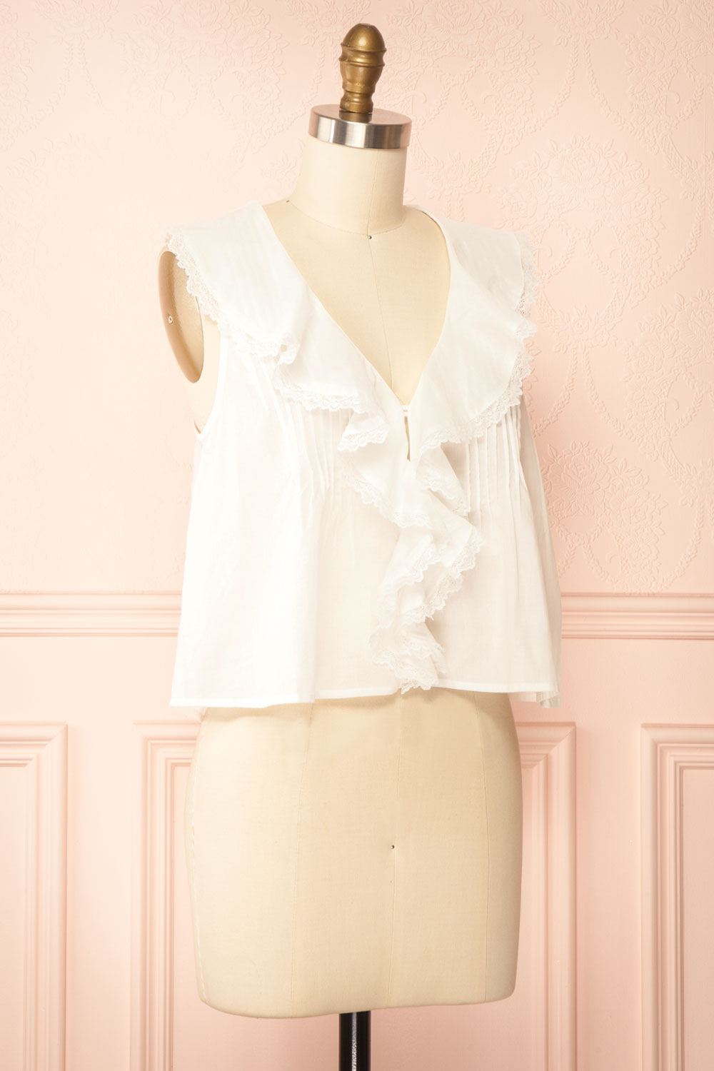 Aristote | White Sleeveless Top with Ruffles and Lace | Side View