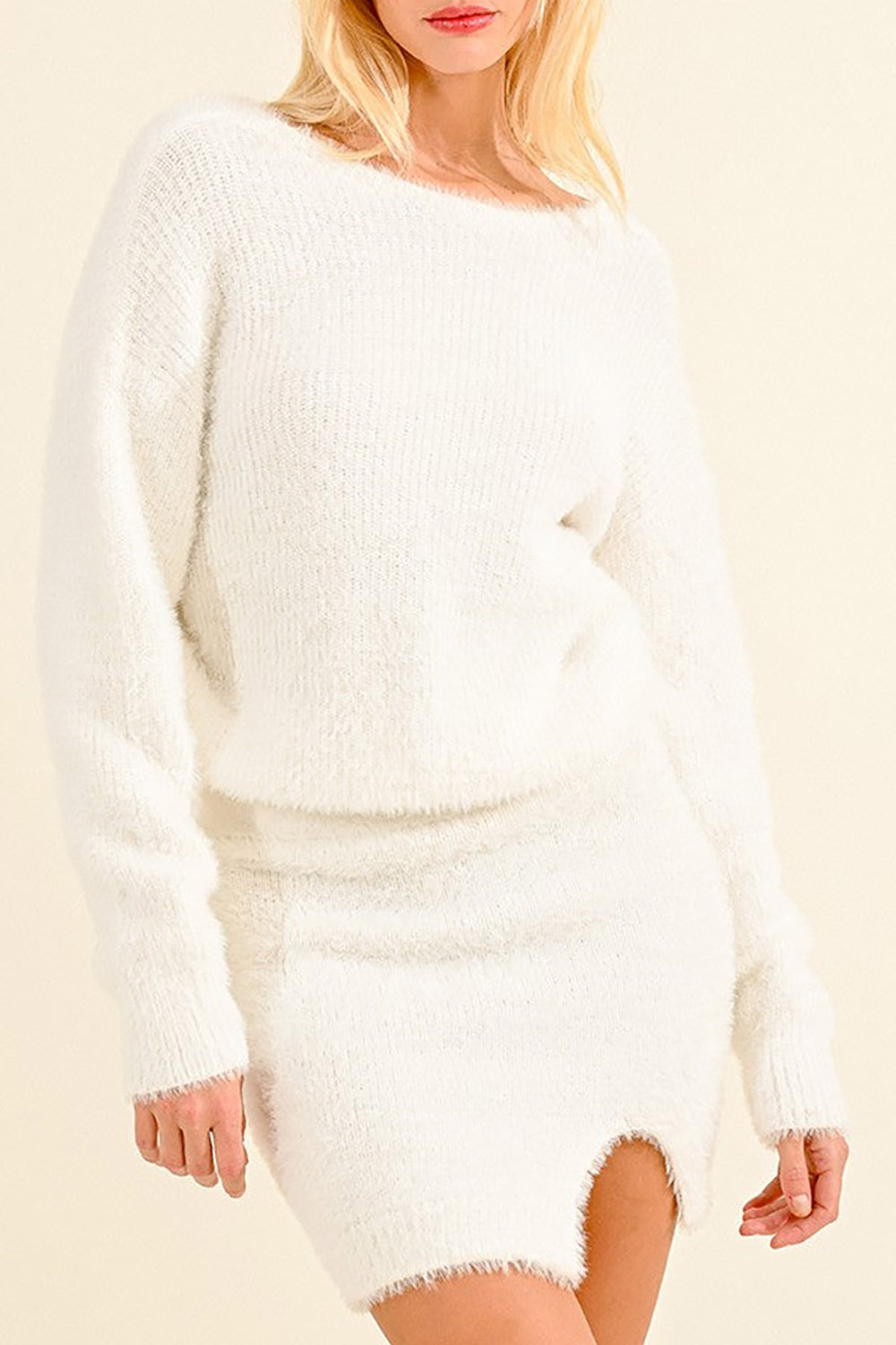 Arkhaule Fuzzy White Sweater w/ Twisted Front | La petite garçonne on model