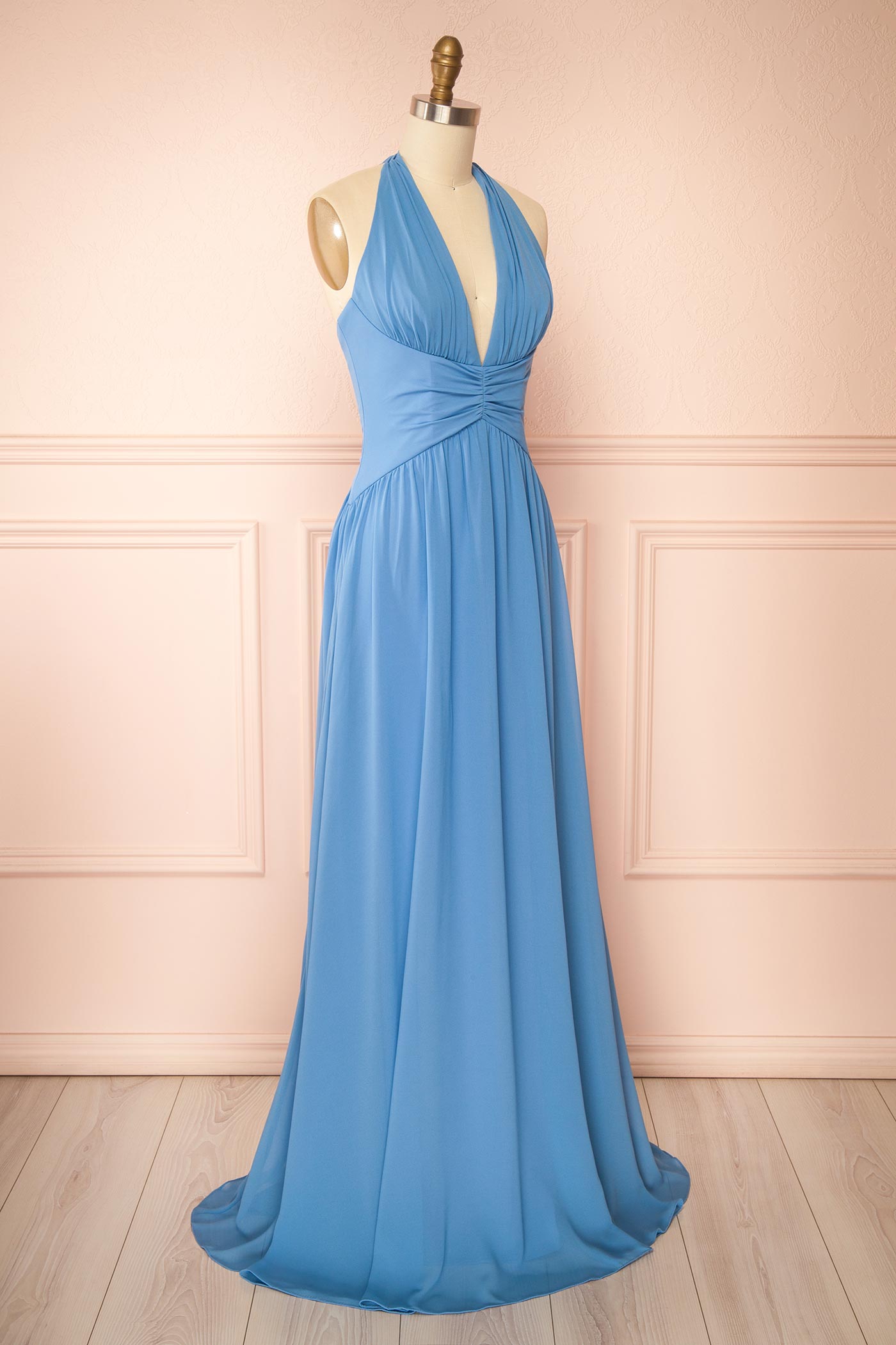 Arleen Blue Halter A-Line Maxi Dress | Boutique 1861 side 