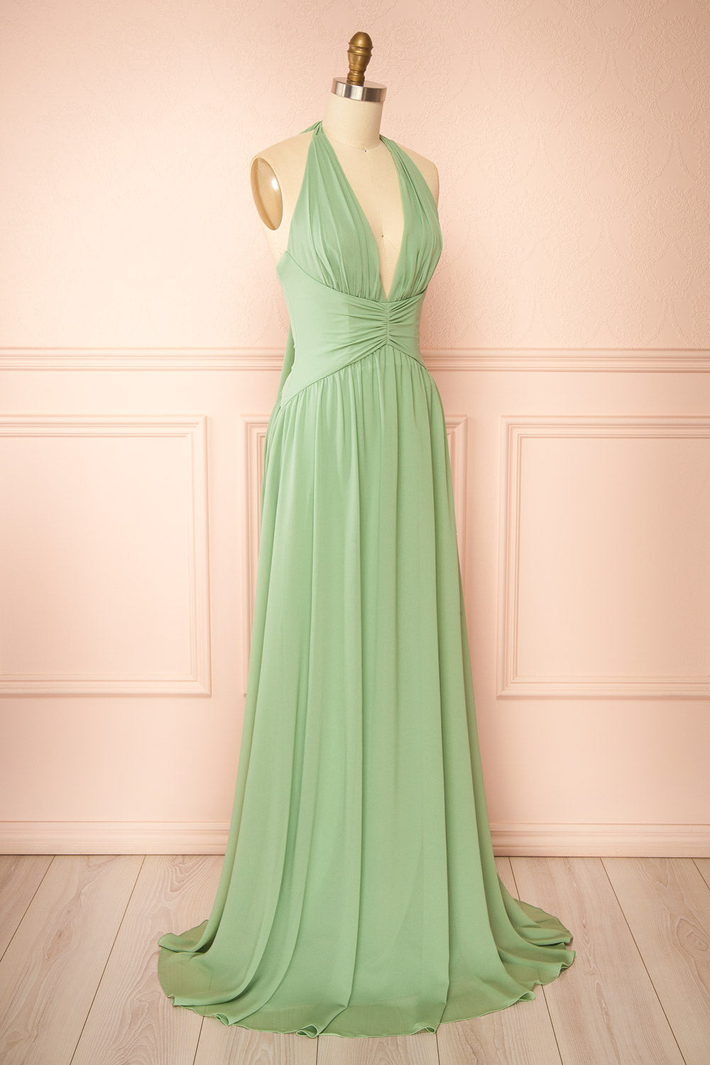 Arleen Sage Halter A-Line Maxi Dress | Boutique 1861 side view