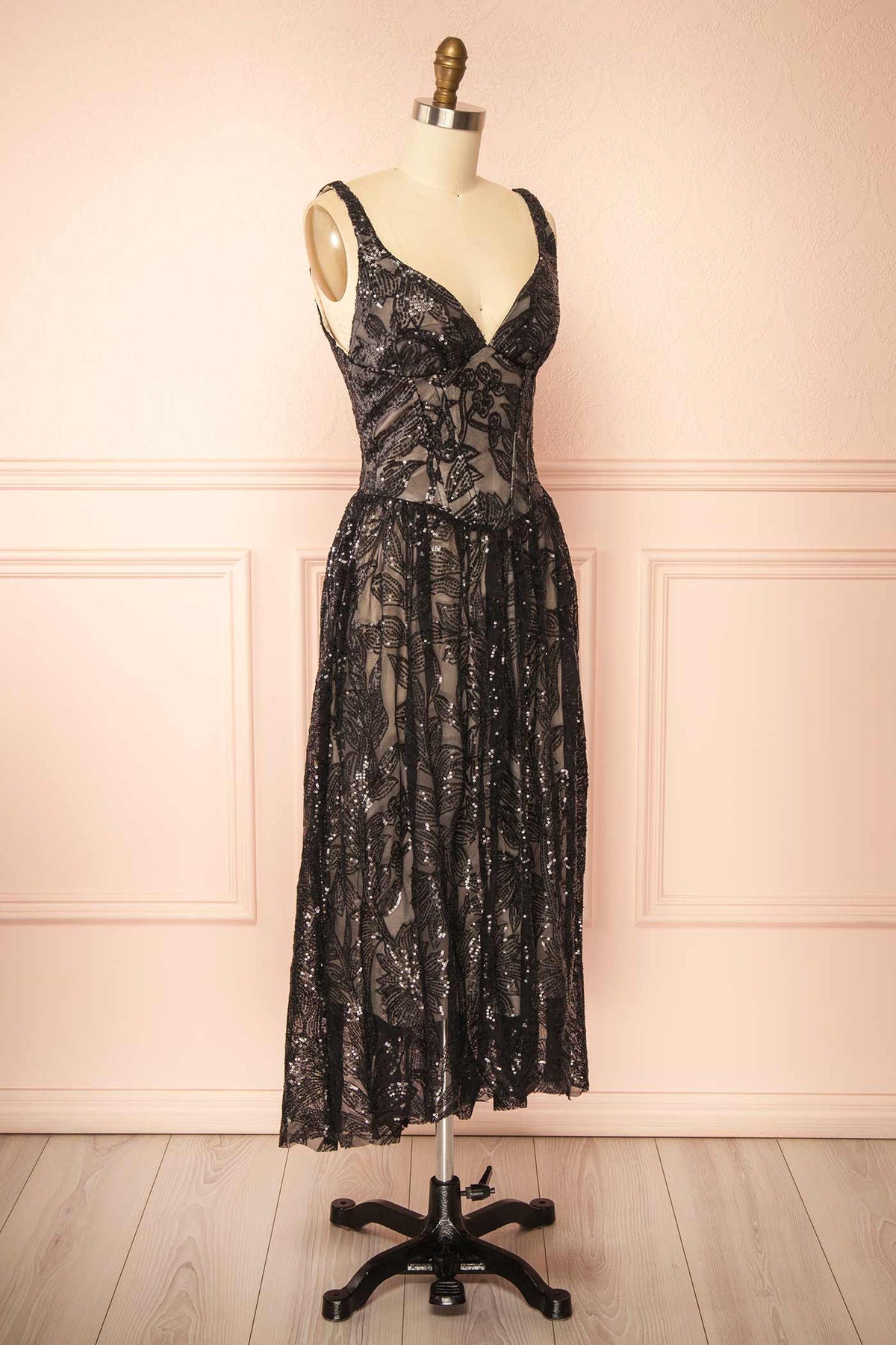 Side view of Arminia Black Floral Sequins Midi Dress at Boutique 1861 