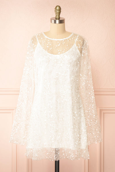 slim fit dress slacks Asael Ivory Short Long-Sleeved Sequin Dress