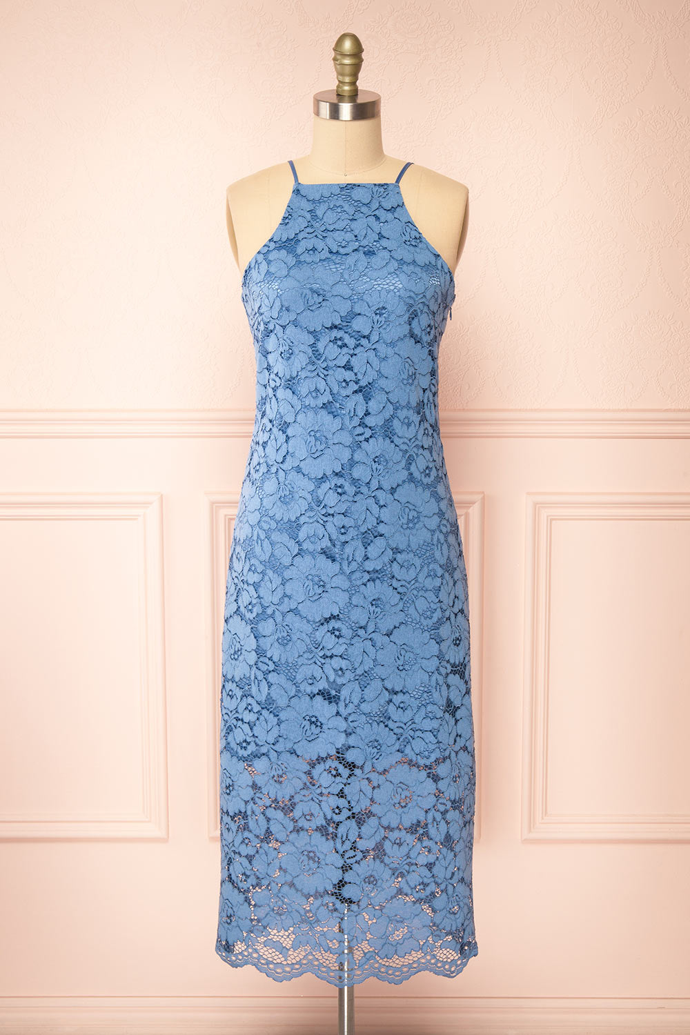Ashley Blue Midi Straight Lace Dress | Boutique 1861 front view