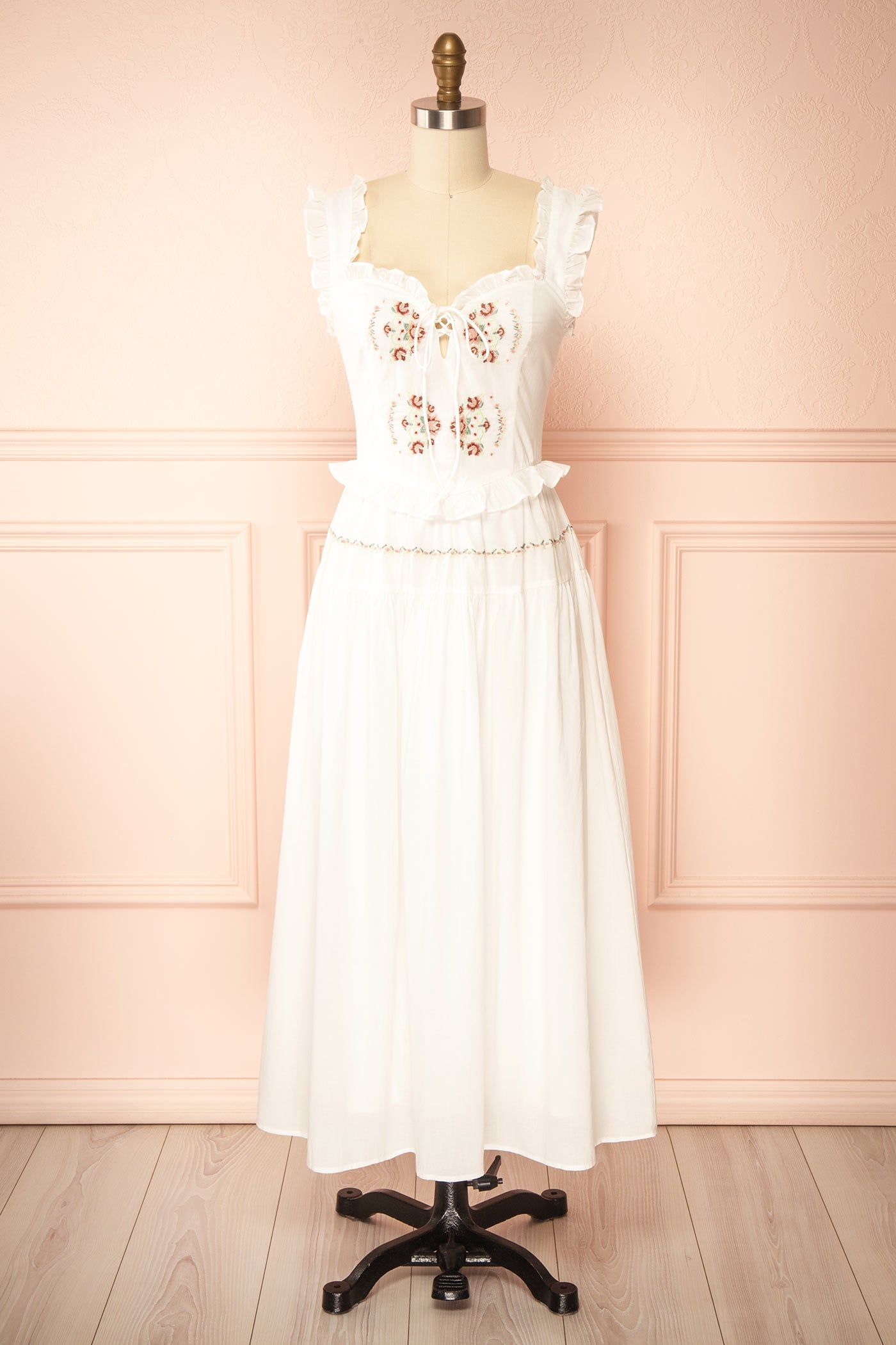 Front view Aspyn White Floral Embroidered Midi Dress with Smocked Back at boutique 1861