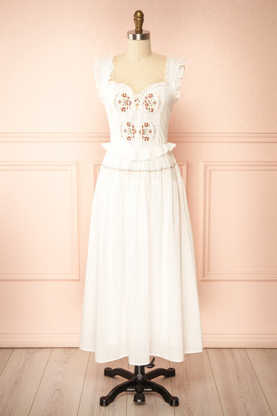 Aspyn White Floral Embroidered Midi Dress with Smocked Back