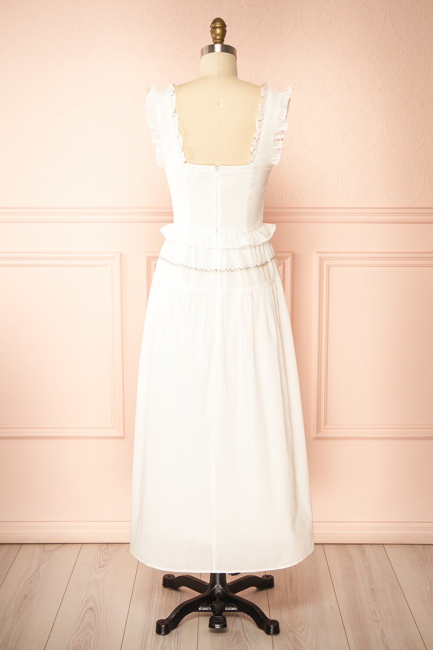 Back view Aspyn White Floral Embroidered Midi Dress with Smocked Back at boutique 1861