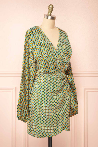Asterix Short Patterned Wrap Dress w/ Long Sleeves | Boutique 1861  side view