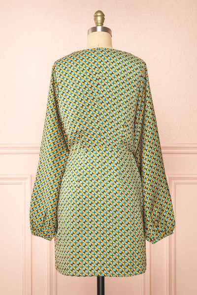 Asterix Short Patterned Wrap Dress w/ Long Sleeves | Boutique 1861  back view