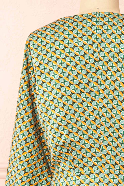Asterix Short Patterned Wrap Dress w/ Long Sleeves | Boutique 1861  back close-up