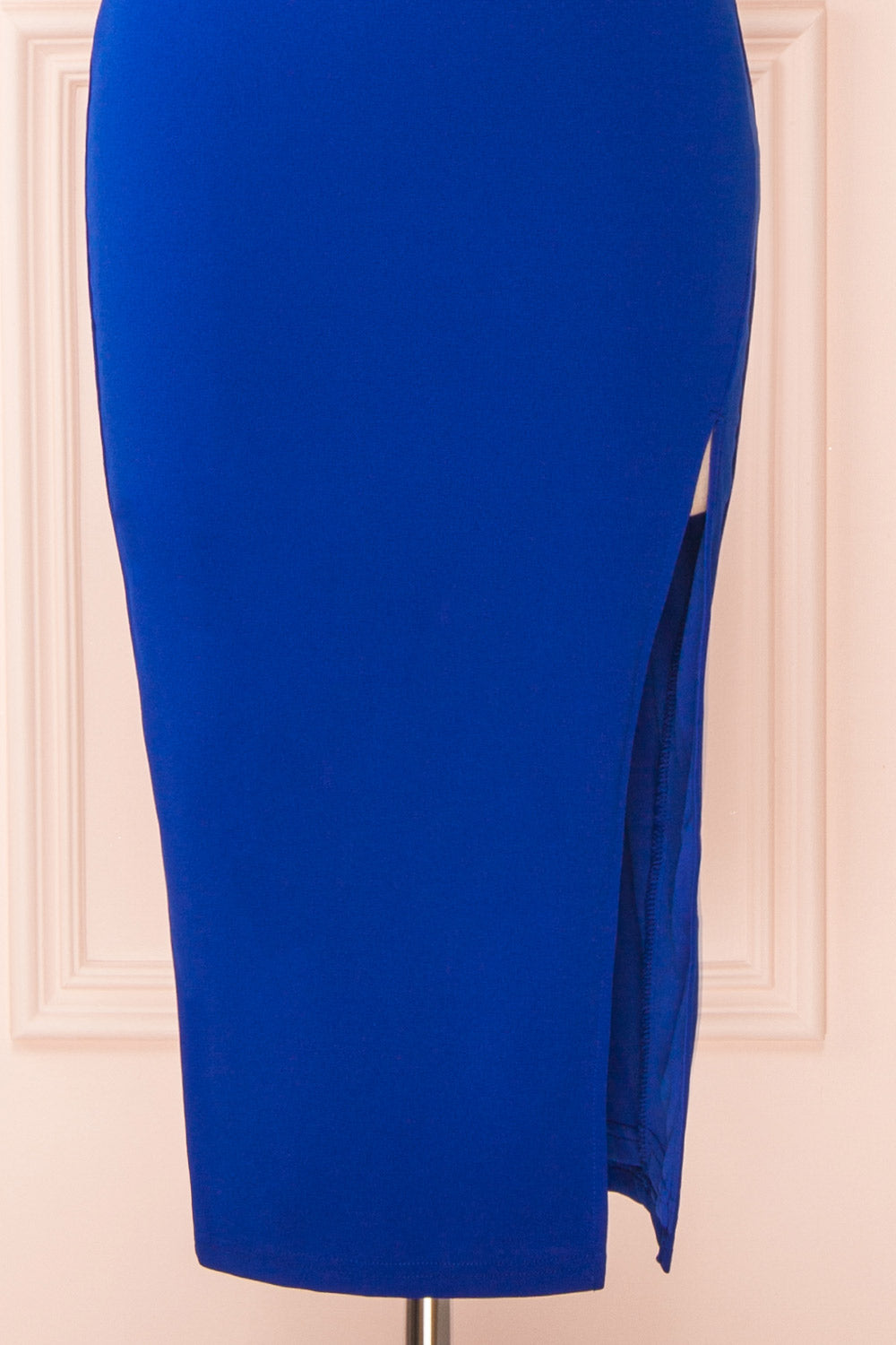 Astoria Blue Fitted Midi Dress w/ Cowl Neck | Boutique 1861 bottom close-up