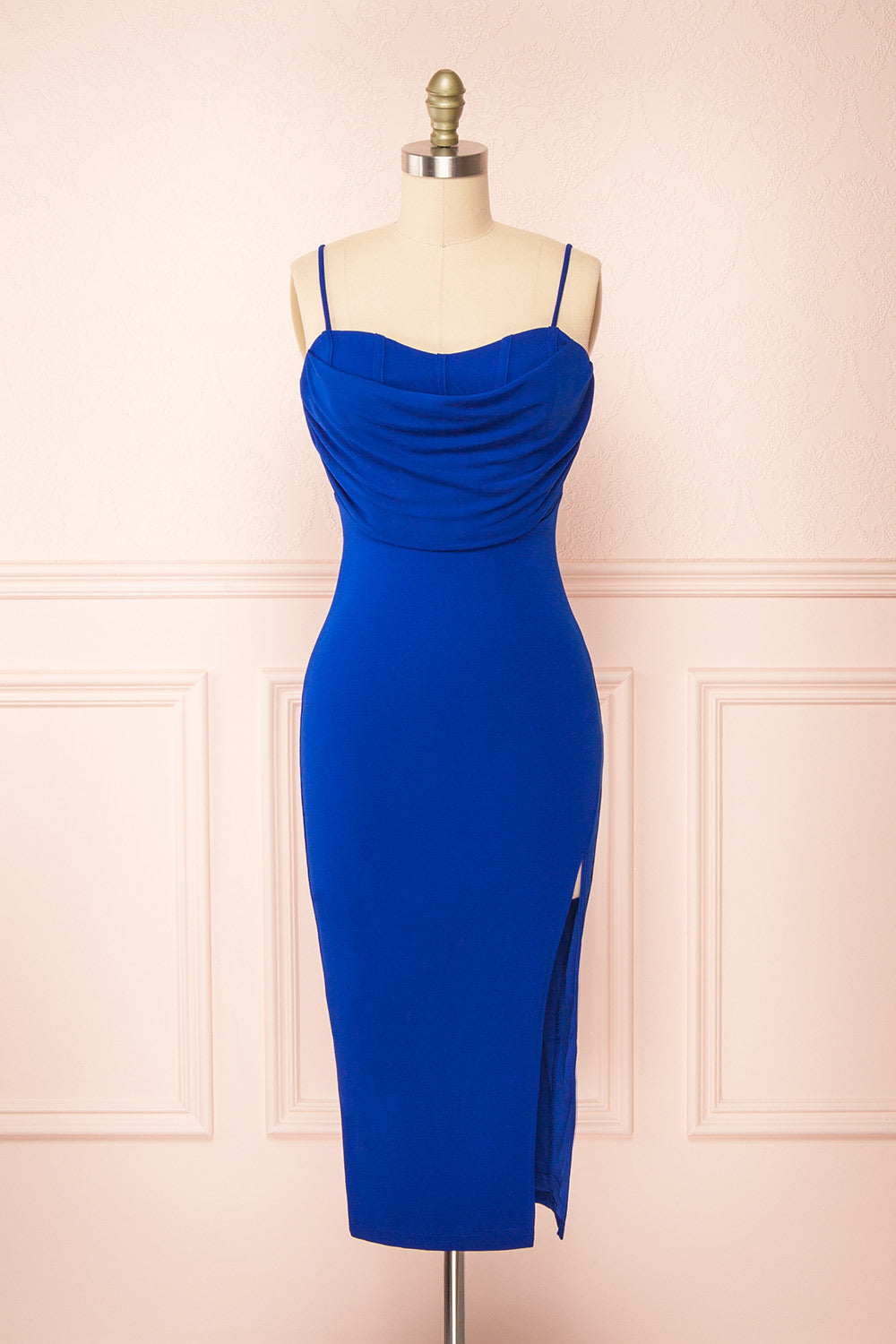 Astoria Blue Fitted Midi Dress w/ Cowl Neck | Boutique 1861 front view