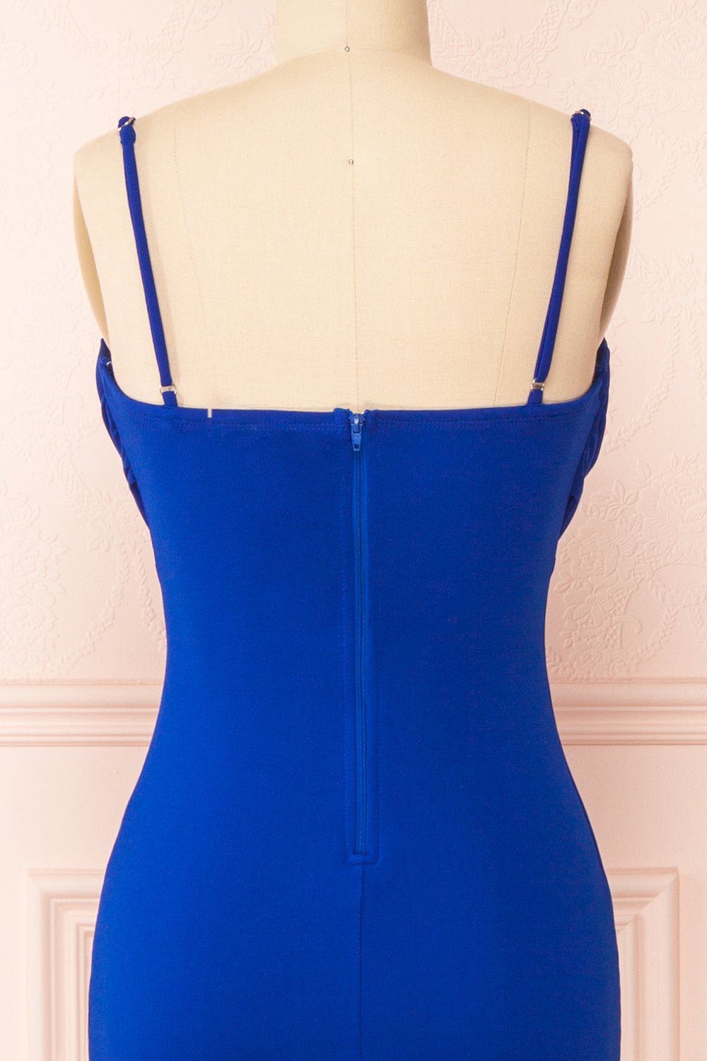 Astoria Blue Fitted Midi Dress w/ Cowl Neck | Boutique 1861 back close-up