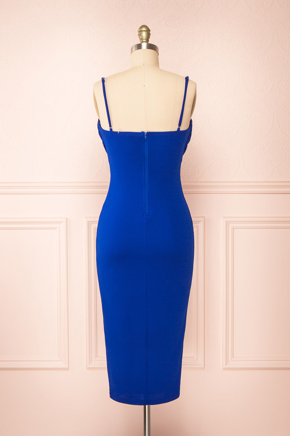 Astoria Blue Fitted Midi Dress w/ Cowl Neck | Boutique 1861 back view