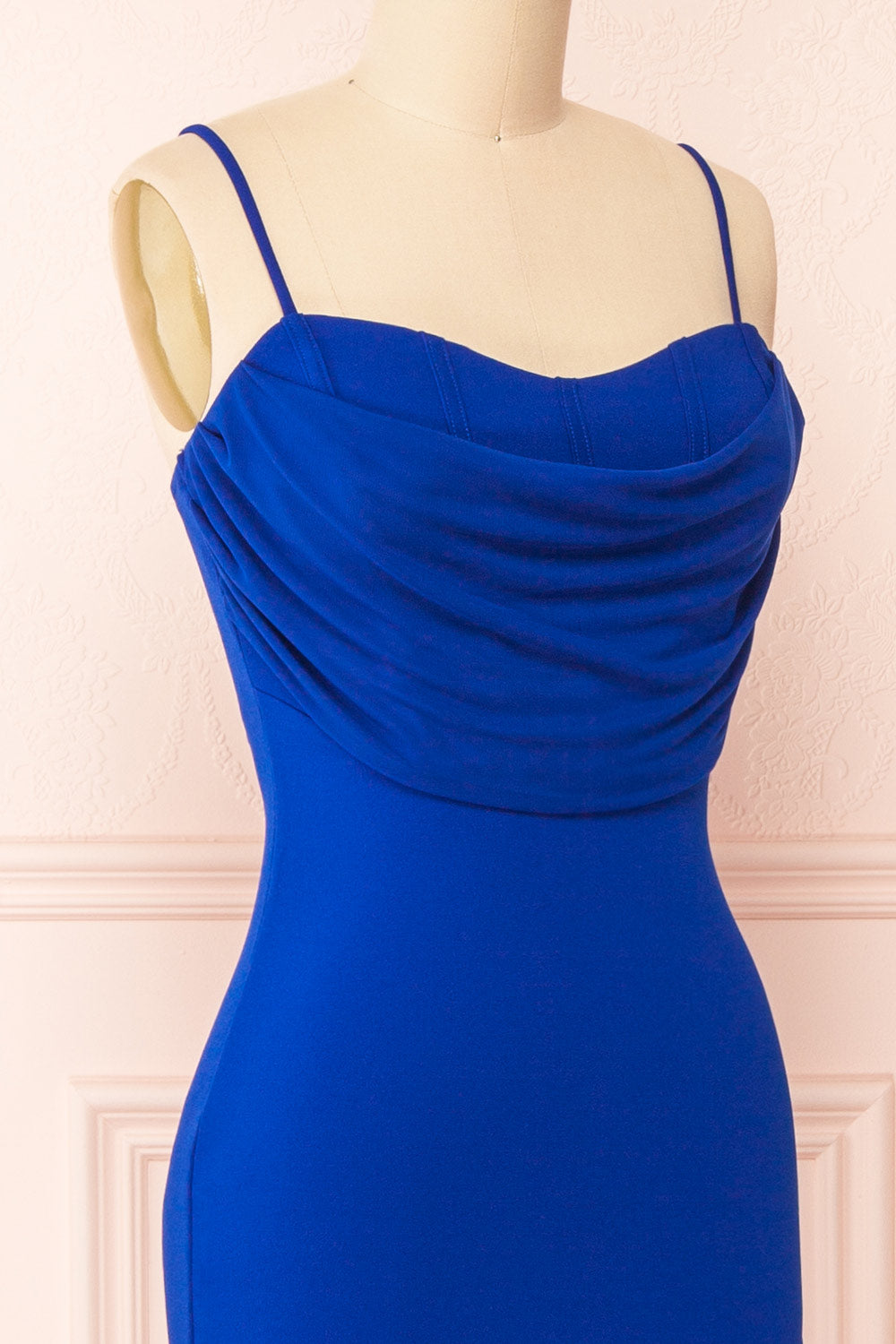 Astoria Blue Fitted Midi Dress w/ Cowl Neck | Boutique 1861 side close-up