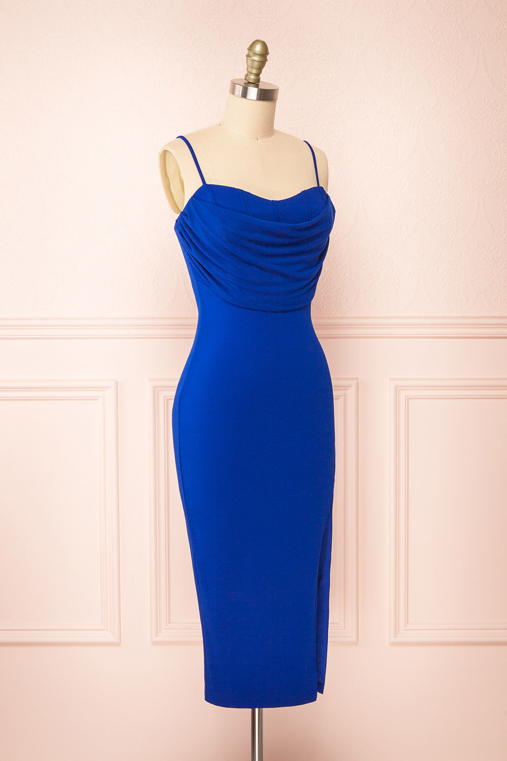 Astoria Blue Fitted Midi Dress w/ Cowl Neck | Boutique 1861 side view