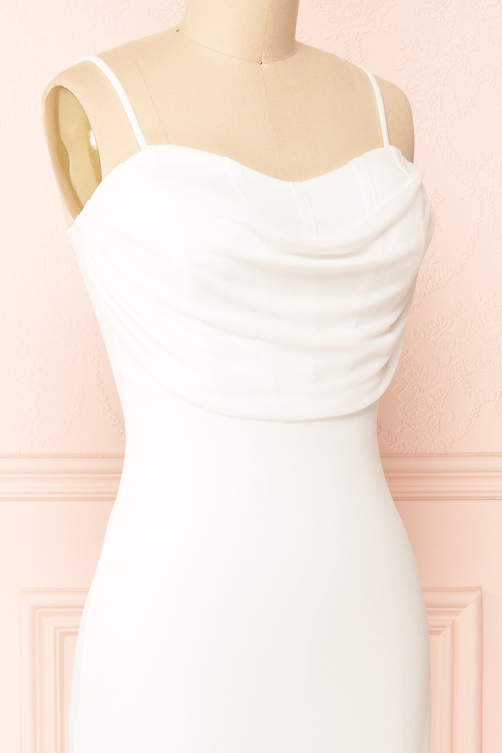 Astoria Ivory Fitted Midi Dress w/ Cowl Neck | Boutique 1861 side close-up