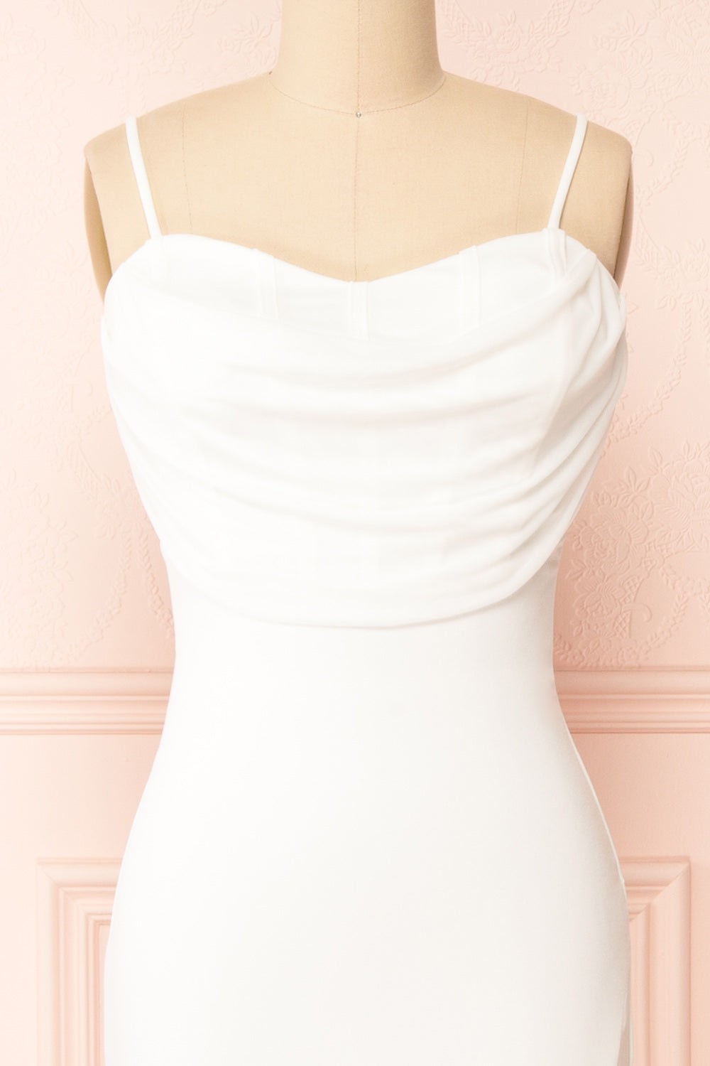 Astoria Ivory Fitted Midi Dress w/ Cowl Neck | Boutique 1861 front close-up