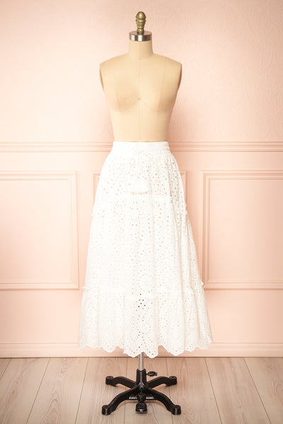 Atarah White Midi Skirt w/ Openwork Lace | Boutique 1861 front view