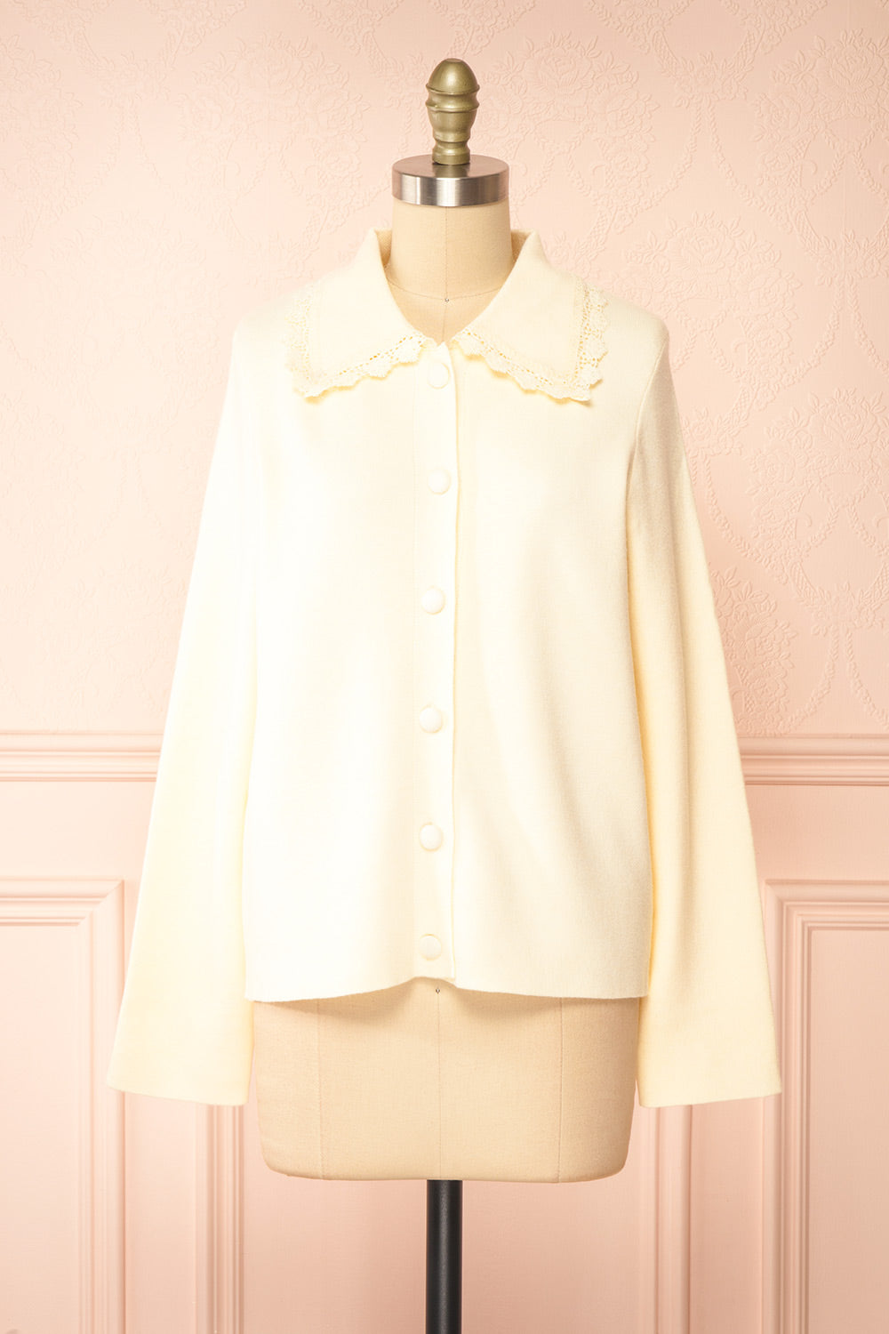 Athenais Cream Cardigan w/ Lace Trim | Boutique 1861 front view