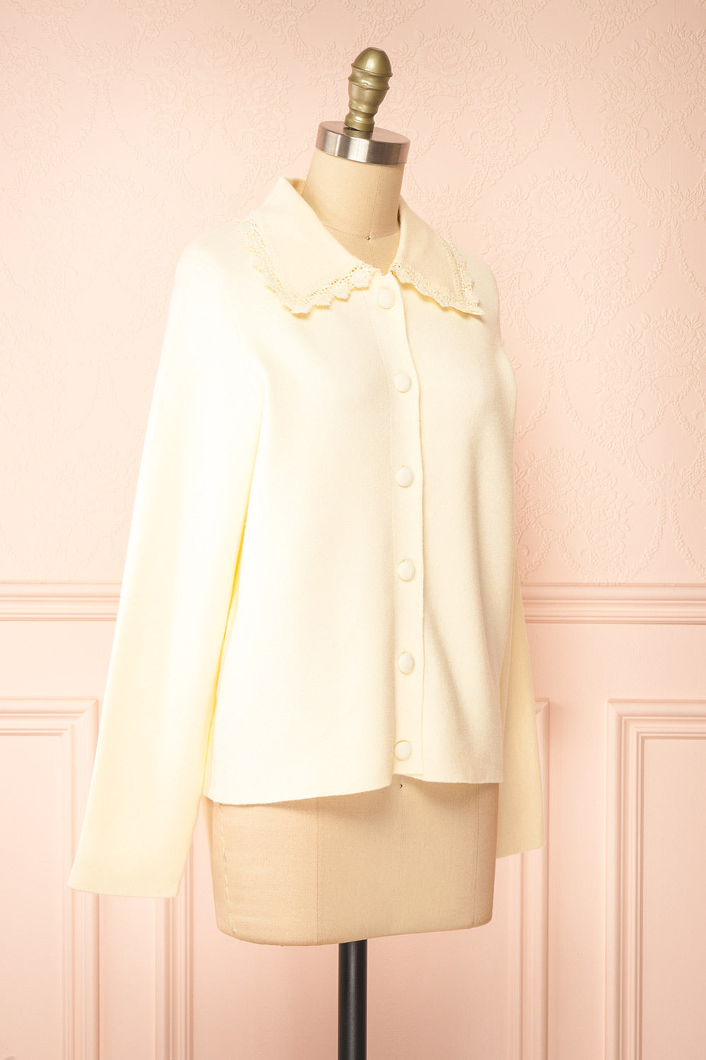 Athenais Cream Cardigan w/ Lace Trim | Boutique 1861 side view