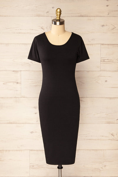 Athens Black Short Sleeve Fitted Midi Dress | La petite garçonne front view