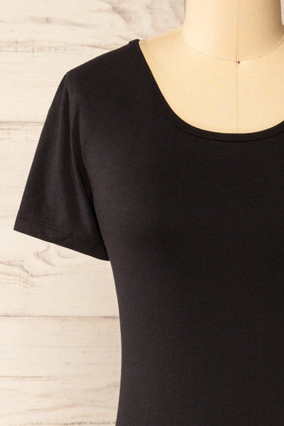 Athens Black Short Sleeve Fitted Midi Dress | La petite garçonne front close-up