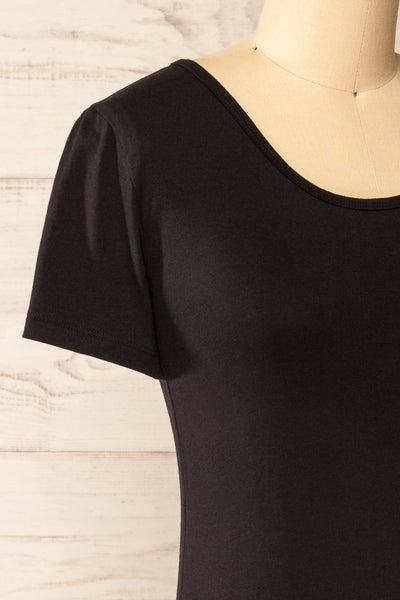 Athens Black Short Sleeve Fitted Midi Dress | La petite garçonne side close-up