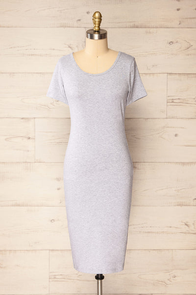 Athens Grey Short Sleeve Fitted Midi Dress | La petite garçonne front view