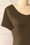 Athens Khaki Short Sleeve Fitted Midi Dress | La petite garçonne side close-up