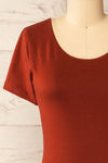 Athens Rust Short Sleeve Fitted Midi Dress | La petite garçonne front close-up