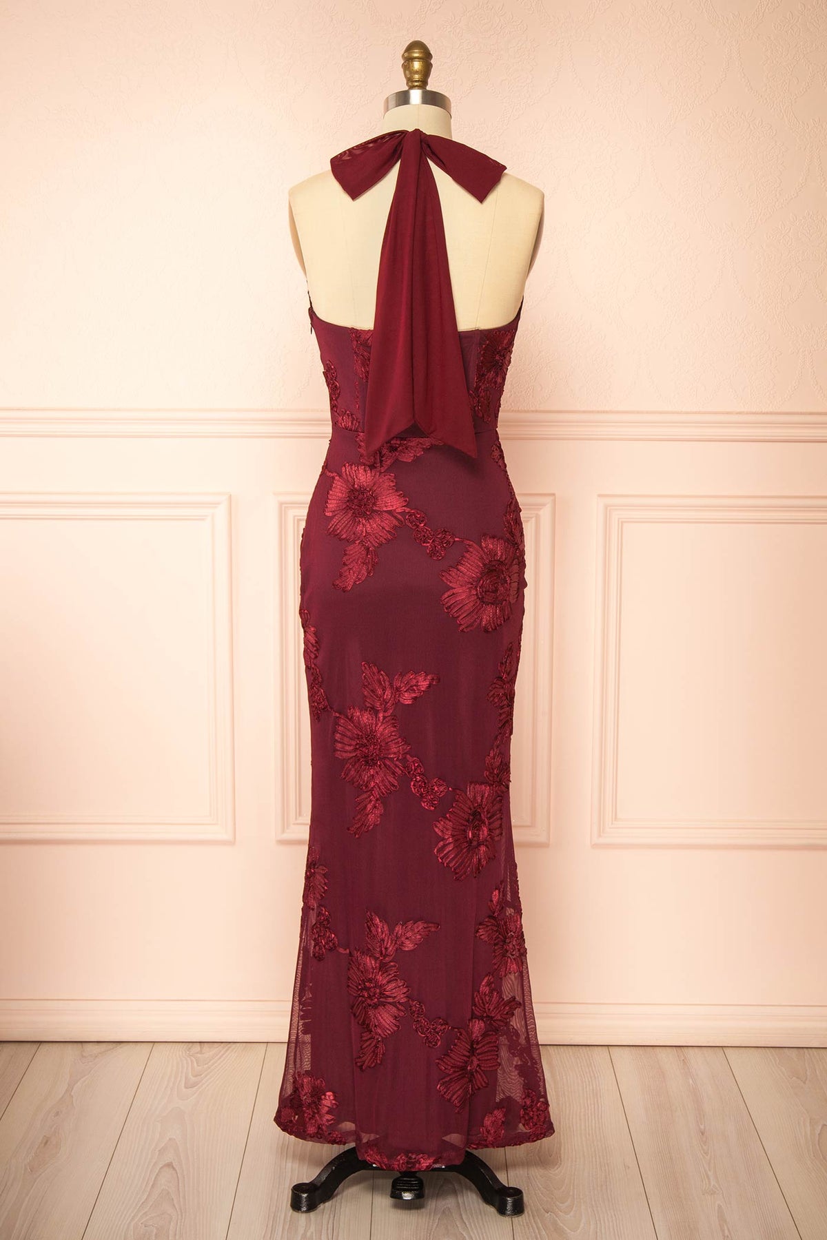 Atsuko | Burgundy Embroidered Halter Neck Maxi Dress