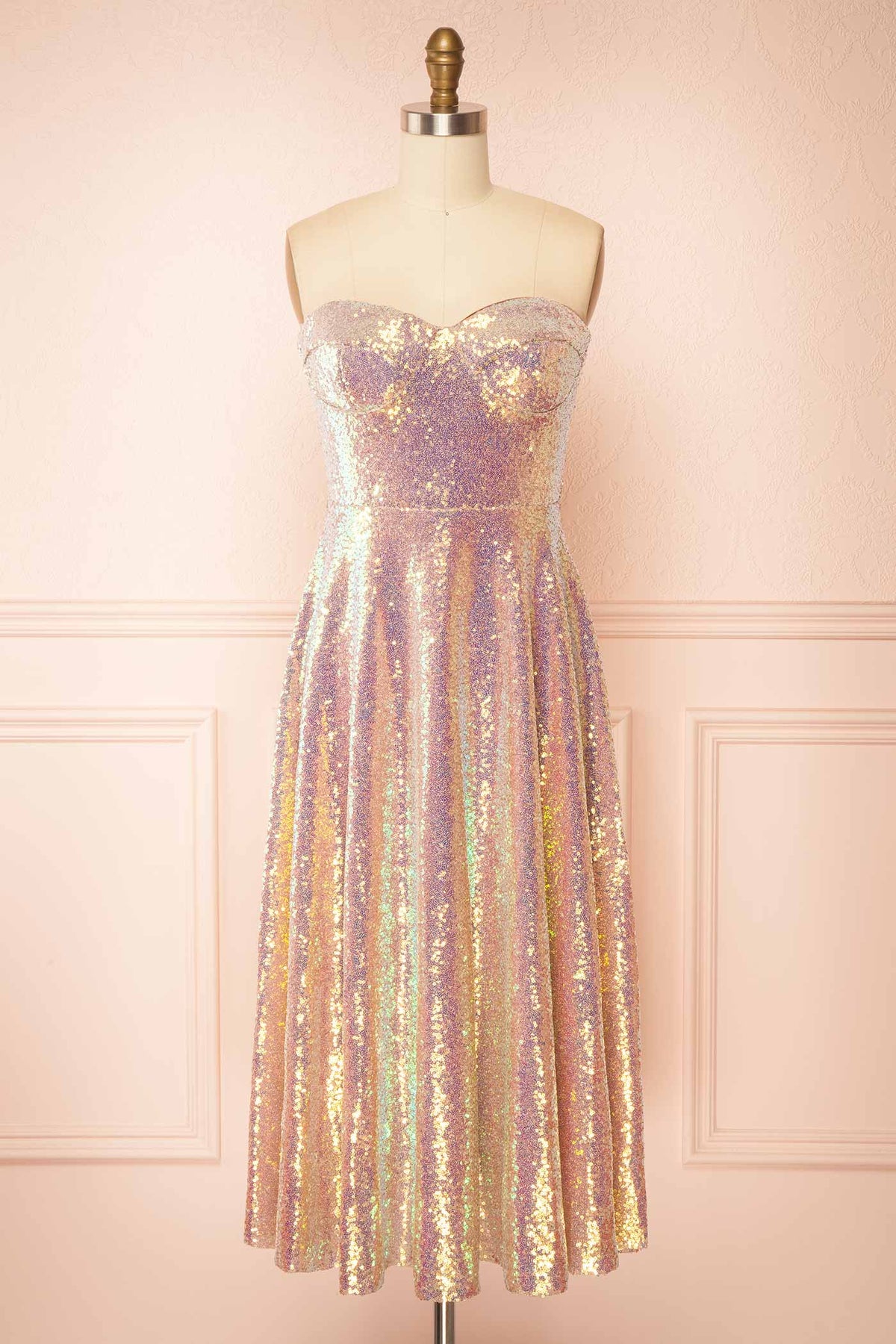 front view of Atsumi Pink Sequins Corset Midi Dress at Boutique 1861 