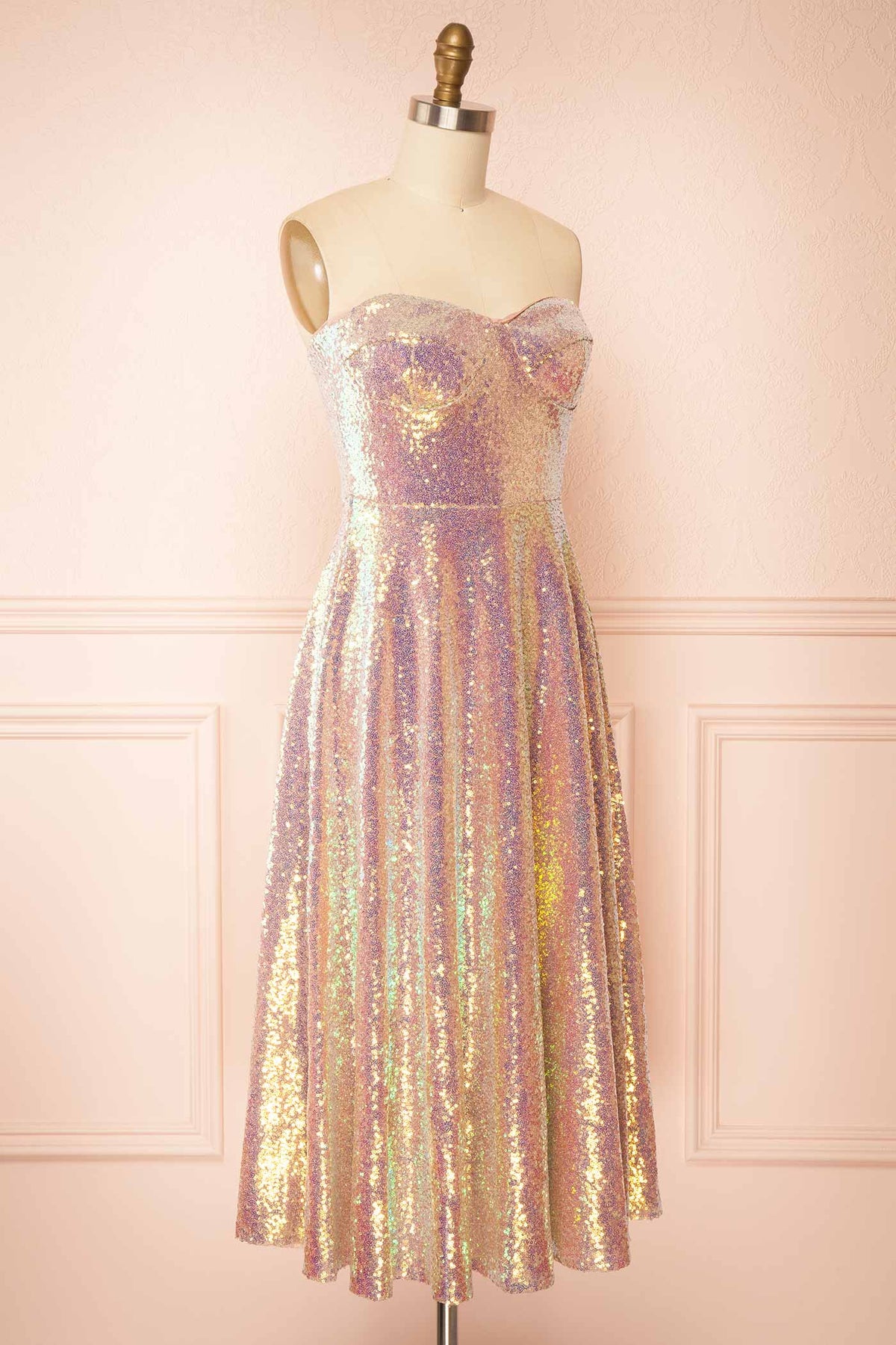 side view of Atsumi Pink Sequins Corset Midi Dress at Boutique 1861 