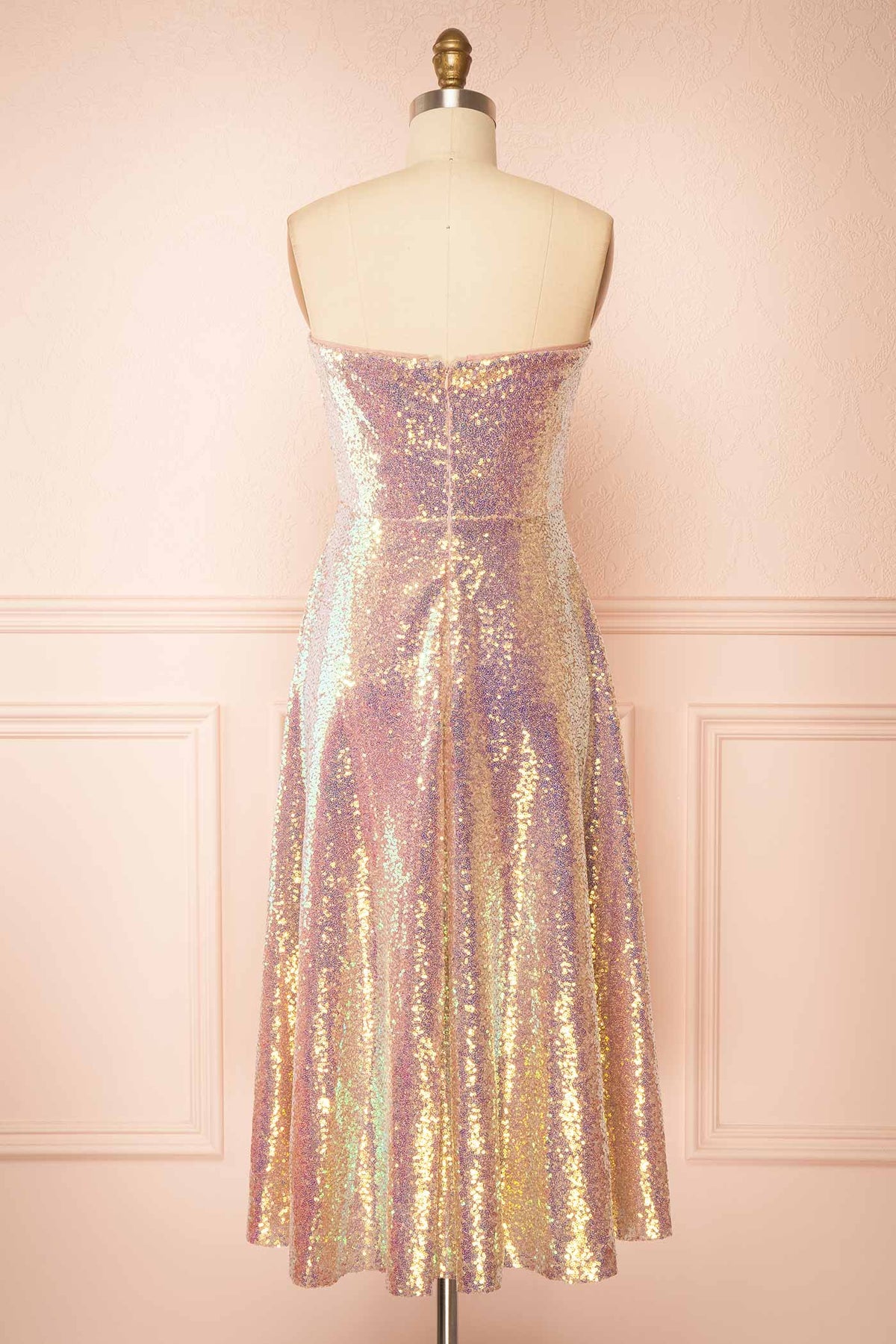 back view of Atsumi Pink Sequins Corset Midi Dress at Boutique 1861 