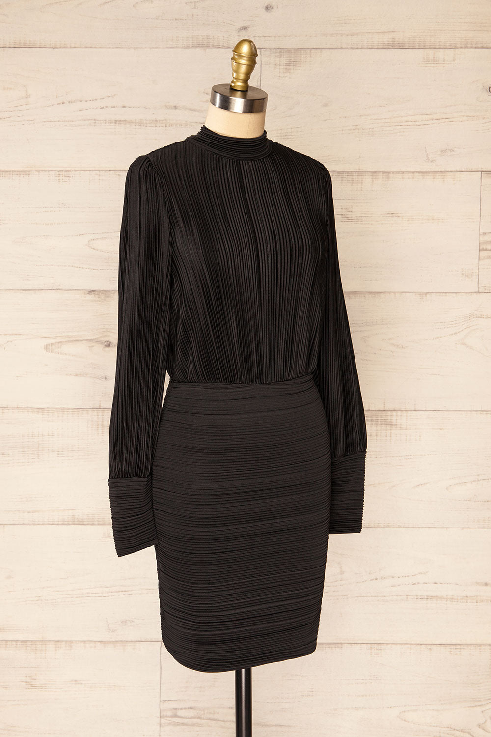 Atyrau Black Short Pleated Dress w/ Long Sleeves | La petite garçonne side view