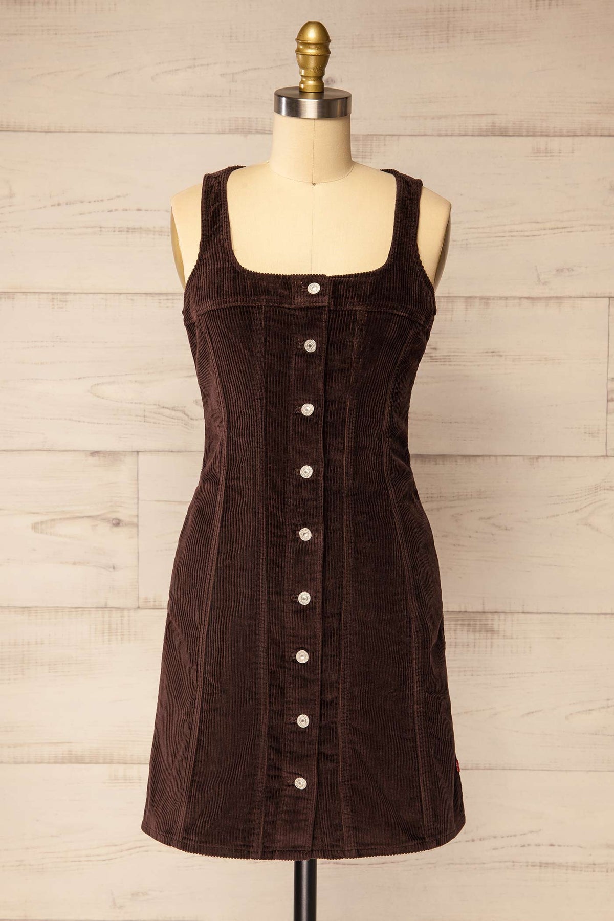 front view of Audra Button-Front Corduroy Shot Dress with Pockets at La petite garçonne