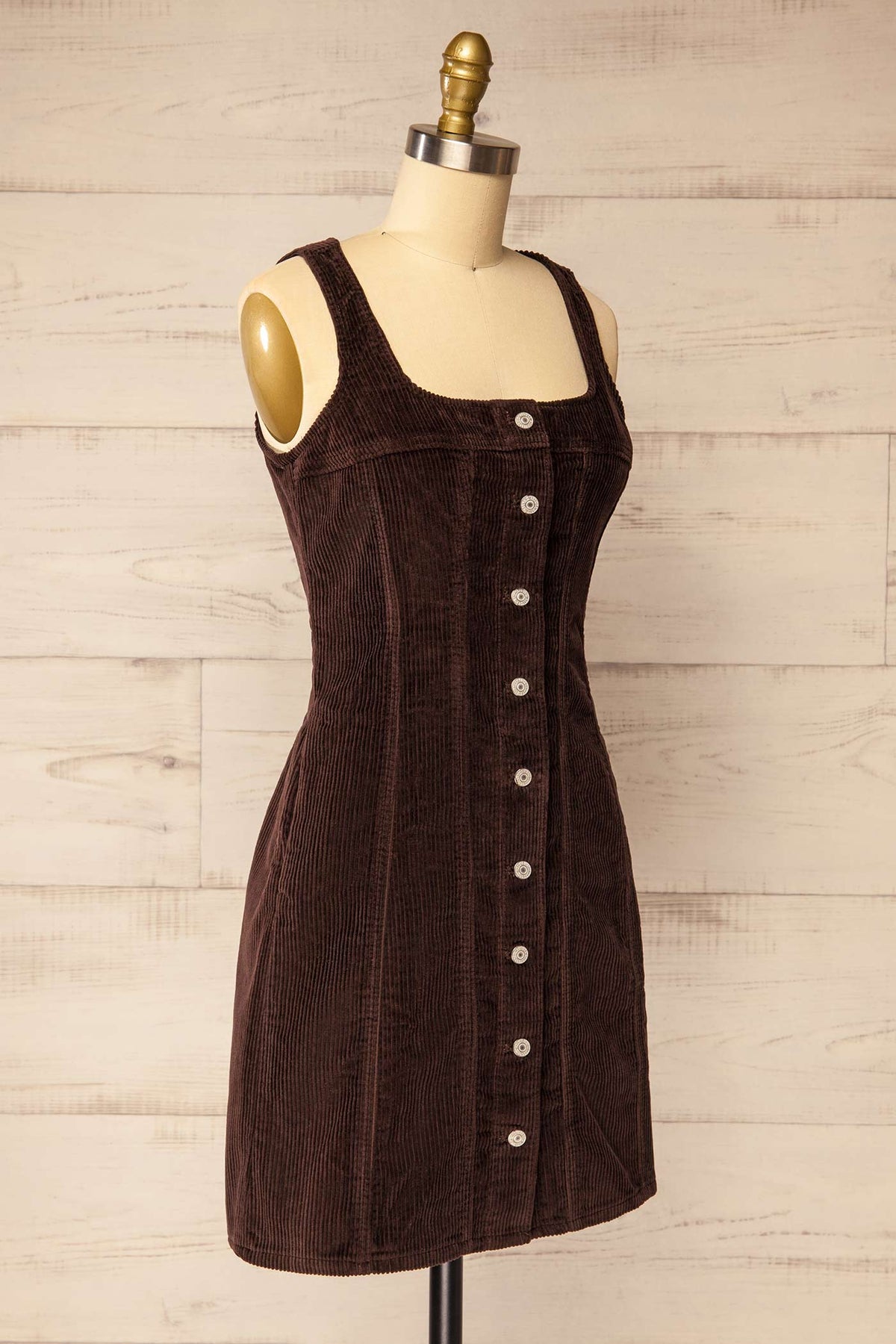 side view of Audra Button-Front Corduroy Shot Dress with Pockets at La petite garçonne