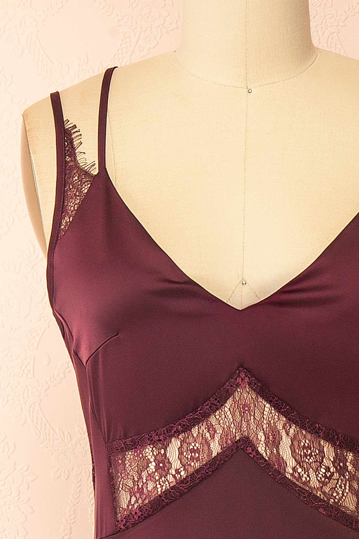details view of Augustia Burgundy Satin Maxi Dress with Lace Accents and Strappy Cross Back at Boutique 1861