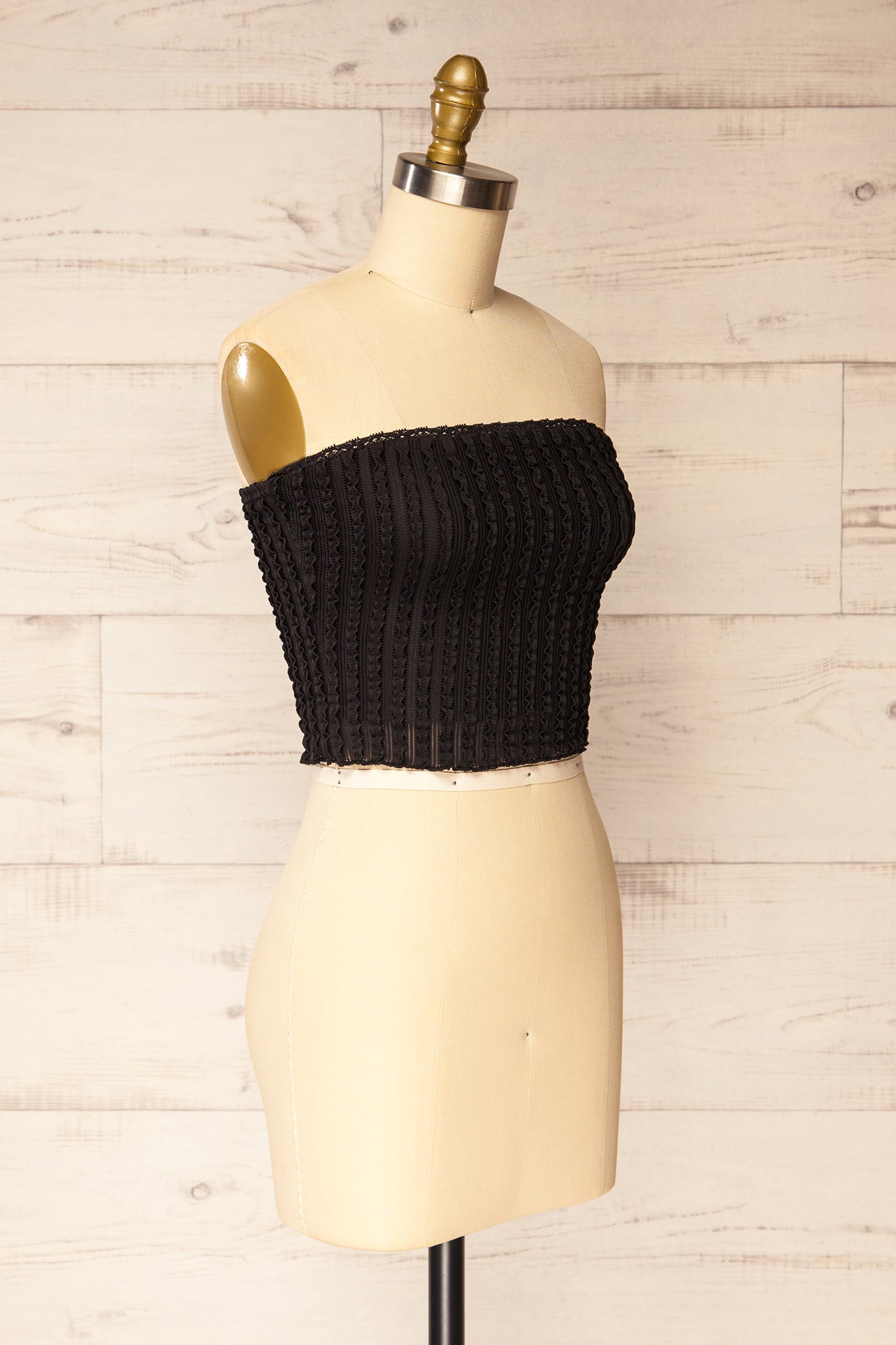 Profile view Aureilly Black Textured Ruffle Bandeau Top at la petite garçonne