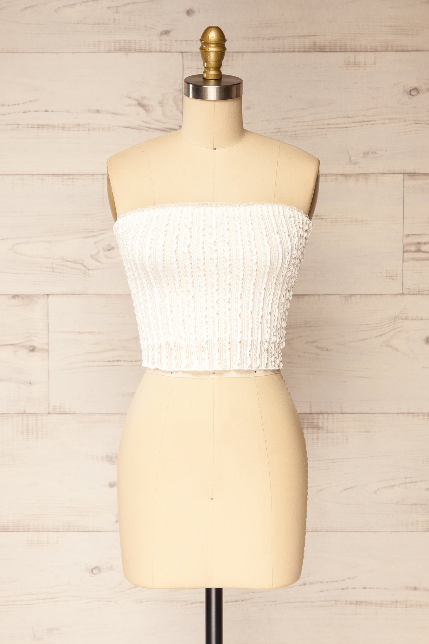 Front view Aureilly Ivory Textured Ruffle Bandeau Top at la petite garçonne