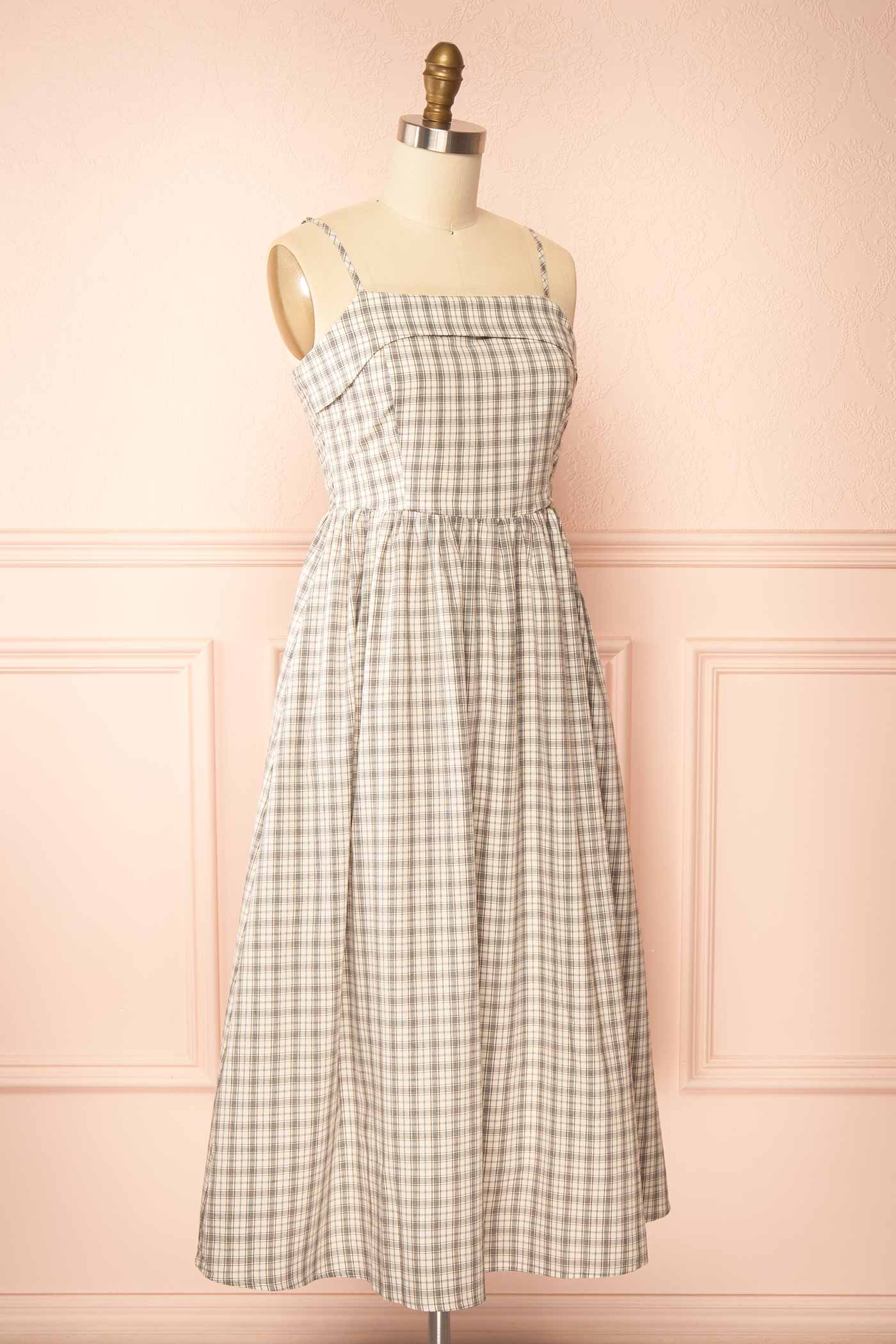 Sideview Auroria Black Plaid Midi A-Line Dress with Pocket at boutique 1861