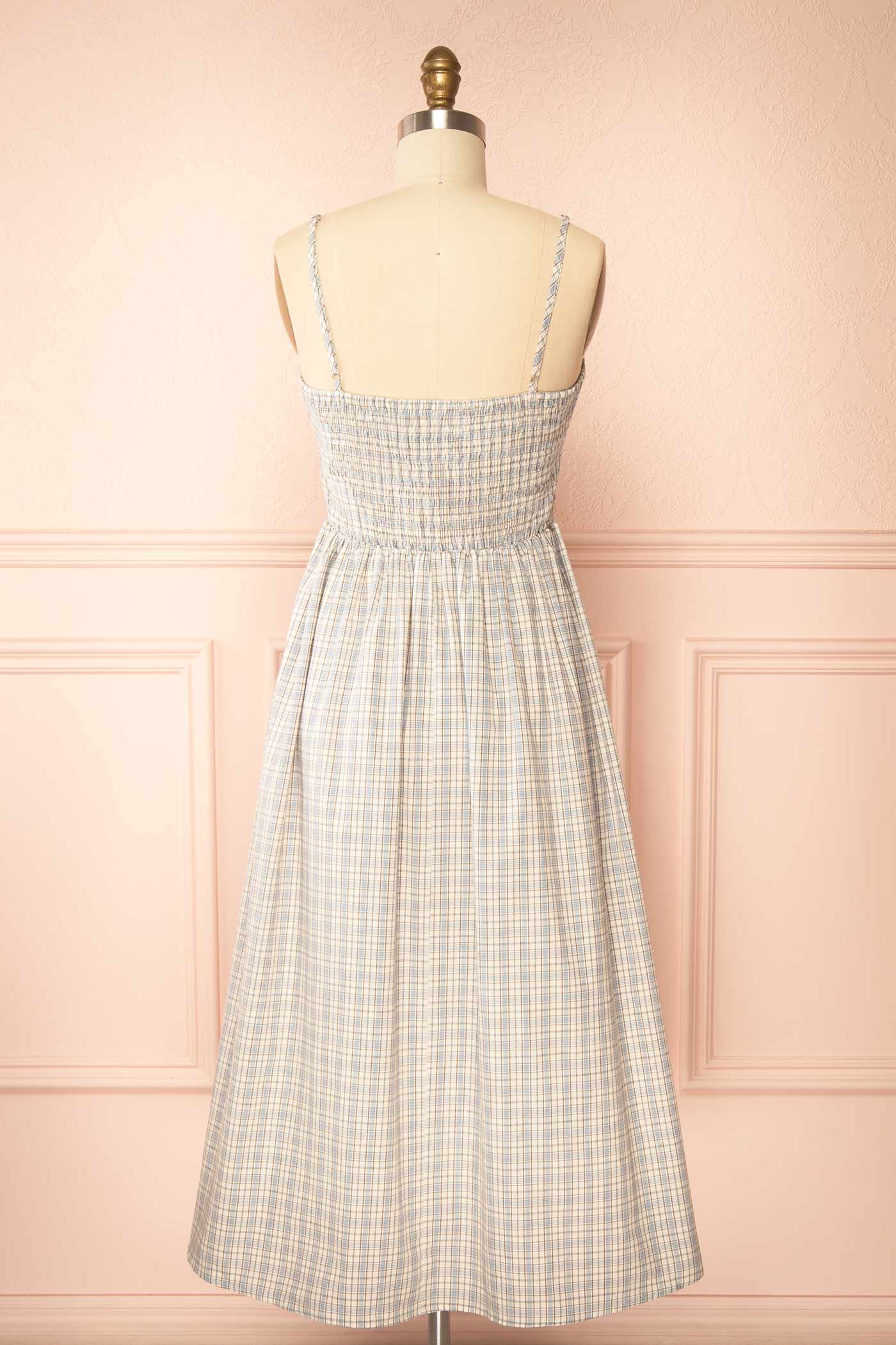Backview Auroria Blue Plaid Midi A-Line Dress with Pocket at Boutique 1861
