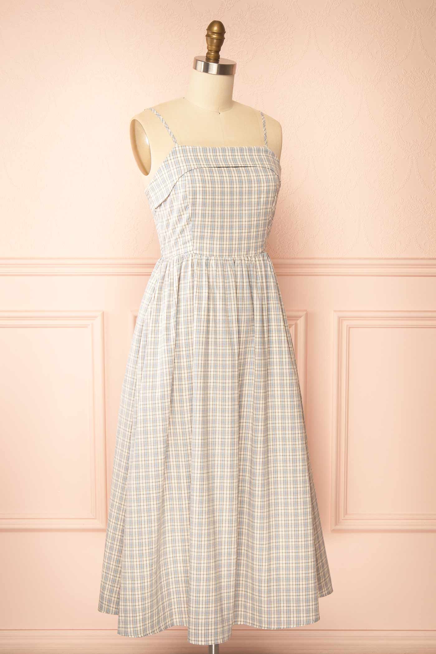 Sideview Auroria Blue Plaid Midi A-Line Dress with Pocket at Boutique 1861